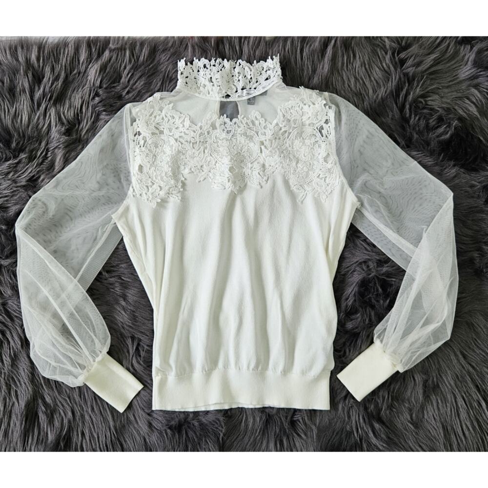 Adiva Mesh Lace Cream Turtleneck Sweater Top Sz Large